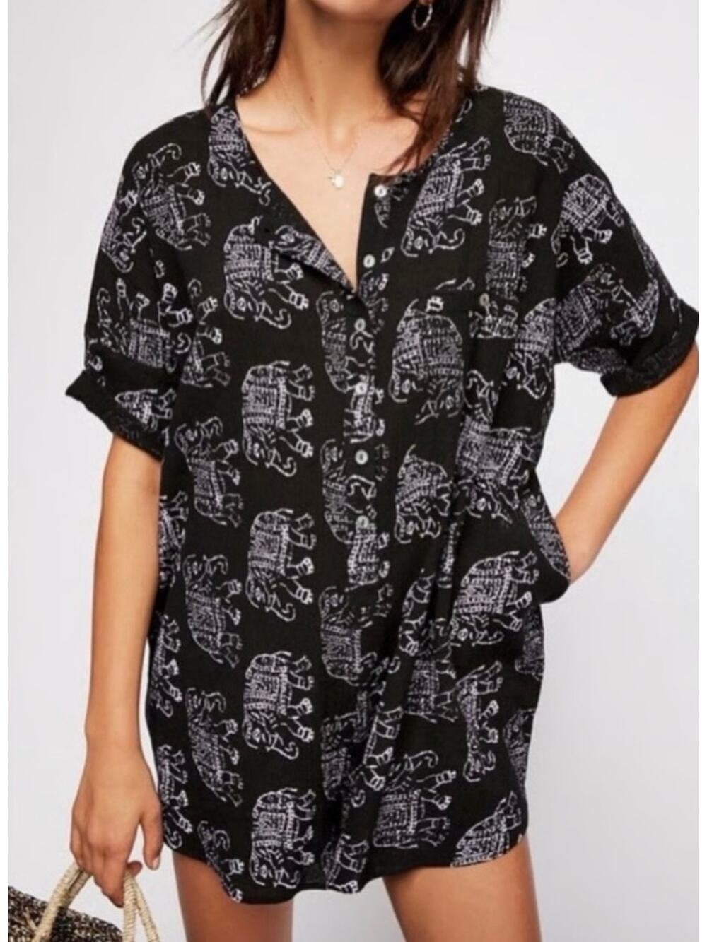 Free People Tunic Blouse Black & Purple Elephant Print Oversized Fit size Medium